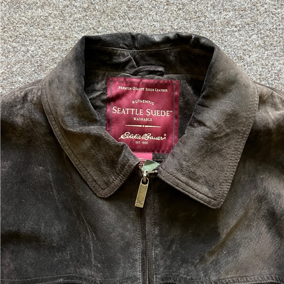 NWT Eddie Bauer Brown Genuine Suede Leather Trucker Harrington Jacket Men L Tall - Picture 2 of 16
